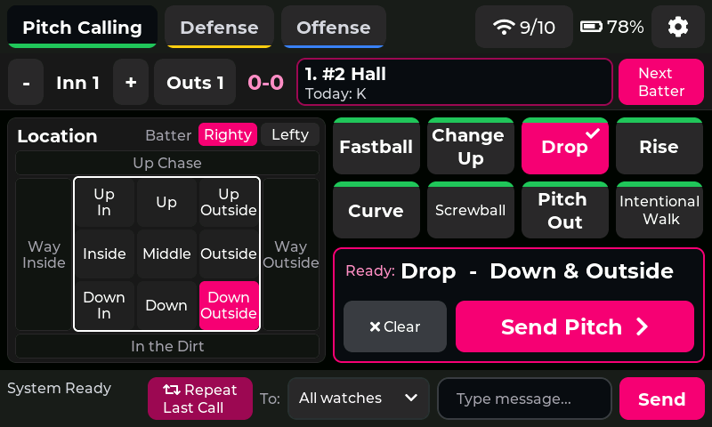Coach unit with pitch location selected, ready to send