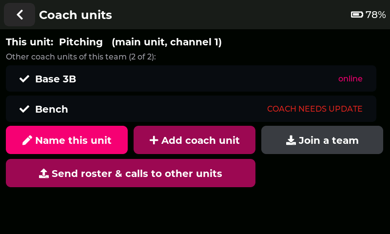 Coach unit settings listing multiple coach units
